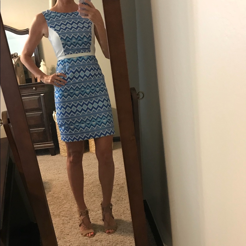 Belle by Badgley Mischka Blue/White Midi Dress